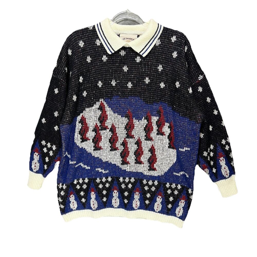 VTG Womens Snowman Collared Ugly Christmas Sweater Sz L Winter Cardinals‎ Snow